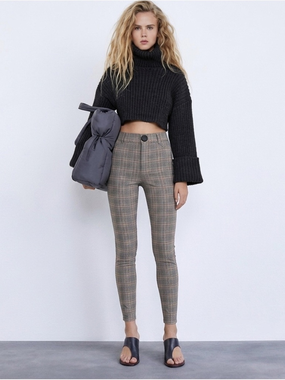 Zara High-Waist Plaid Slim Fit Leggings - Gray